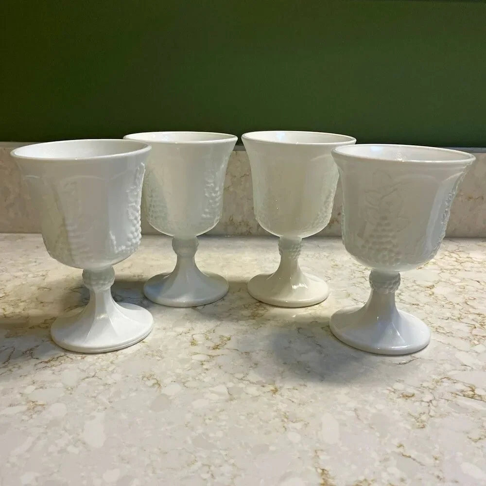 Set of 4 White Milk Glass Grape Pattern Pedestal Goblets 10 oz Vintage Drinkware